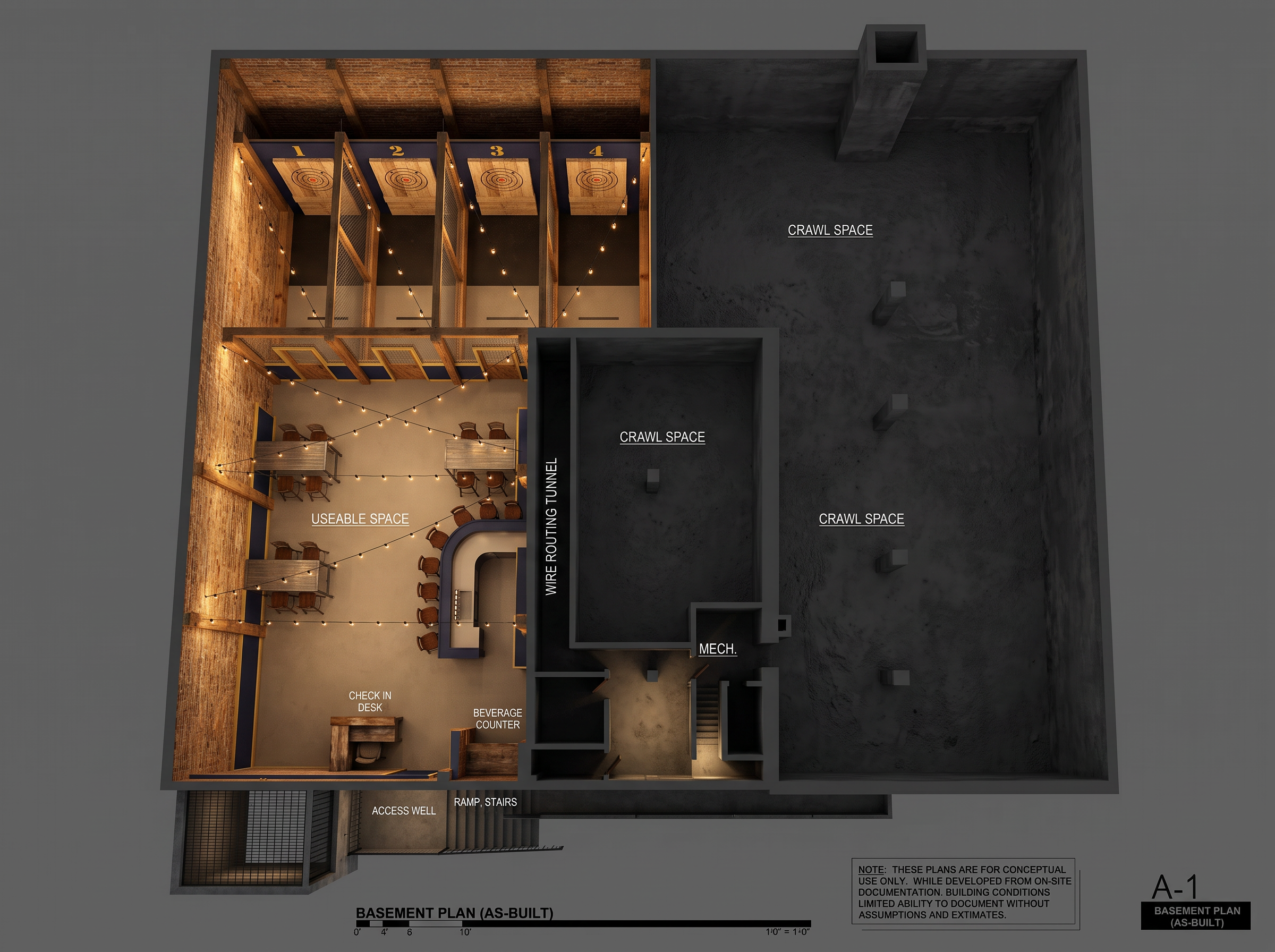 Imagined basement layout — Axe throwing hall & bar at 256 E. Cawson St
