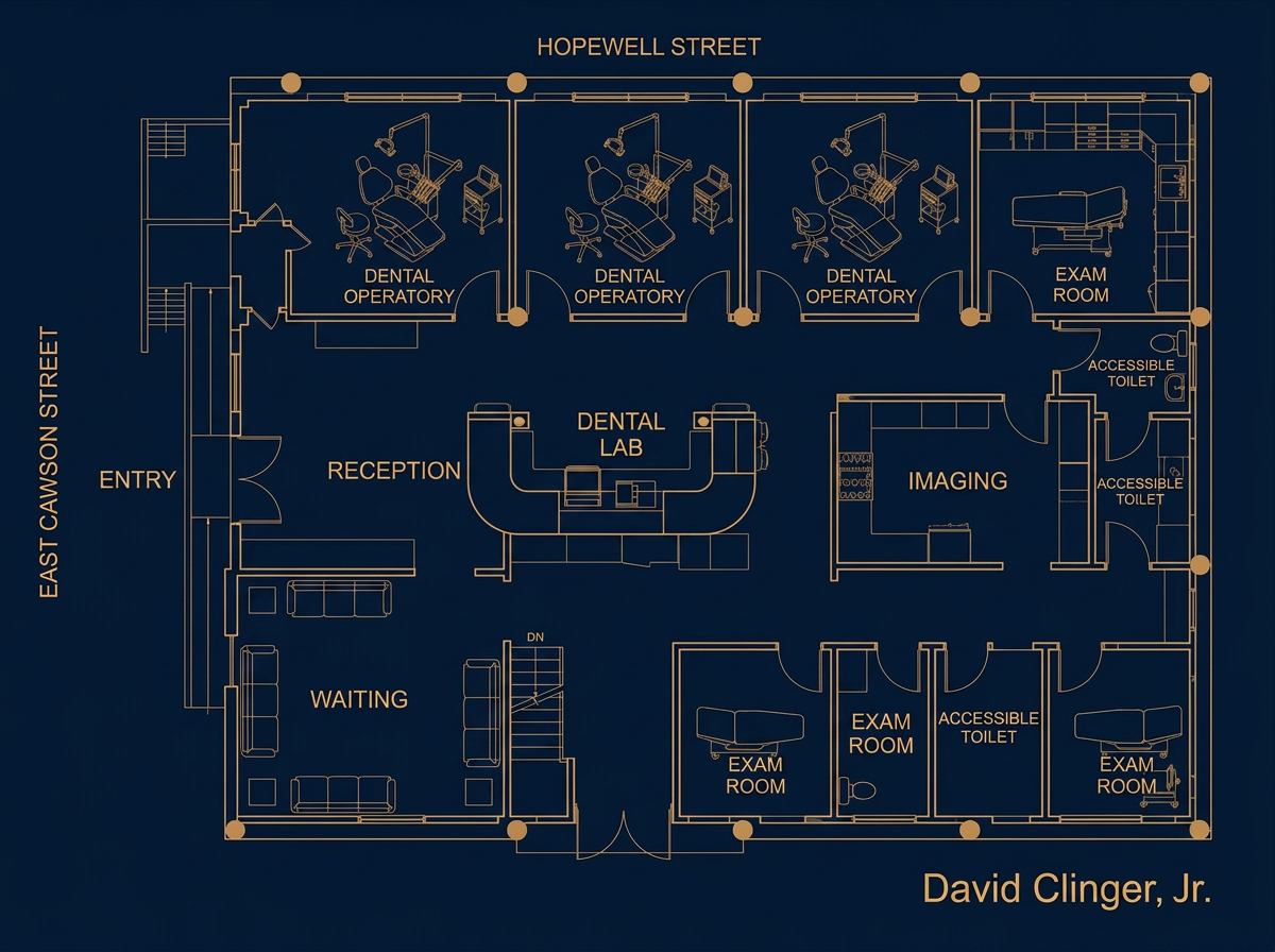 Imagined floor plan — Medical & dental suite at 256 E. Cawson St